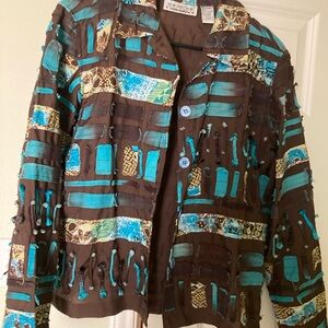 New Directions Brown and Teal Patterned Blazer